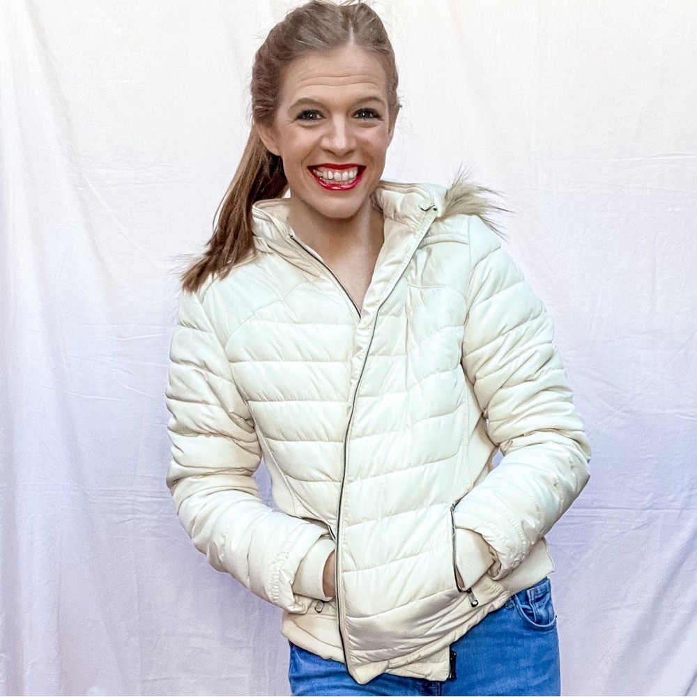 Greenlander cream puffer jacket with fur hood